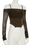 Brown Casual Solid Color Patchwork Backless Spaghetti Strap Tops
