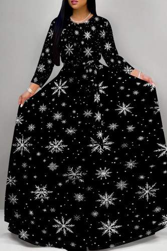 Black Casual Print Patchwork Strap Design O Neck Long Dresses