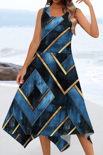 Golden Blue Casual Print Patchwork U Neck Irregular Dresses