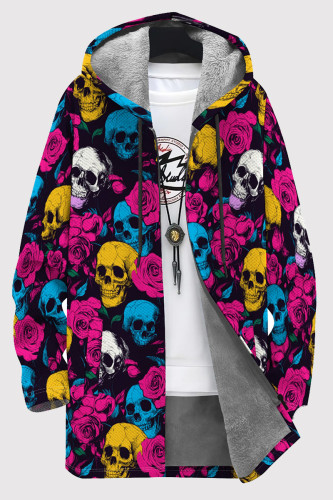 Blue Yellow Casual Print Patchwork Zipper Fluffy Hooded Outerwear