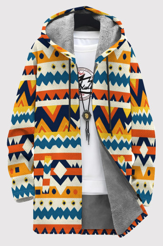 Orange Blue Casual Print Patchwork Zipper Fluffy Hooded Outerwear