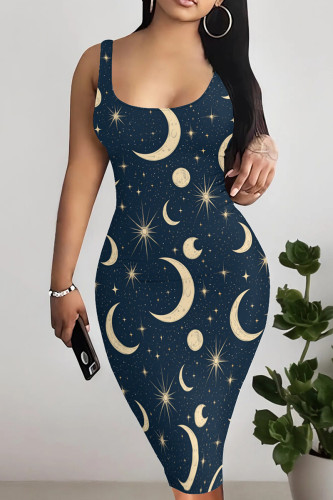 Blue Yellow Casual Print Patchwork U Neck Wrapped Skirt Dresses
