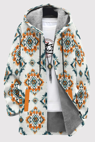 White Orange Casual Print Patchwork Zipper Fluffy Hooded Outerwear