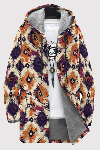 Purple Orange Casual Print Patchwork Zipper Fluffy Hooded Outerwear