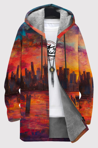 Orange Yellow Casual Print Pocket Patchwork Zipper Fluffy Hooded Outerwear