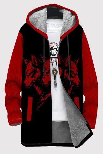 Black Red Casual Print Pocket Patchwork Zipper Fluffy Hooded Outerwear