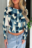 Gray Blue Casual Print Patchwork O Neck Tops