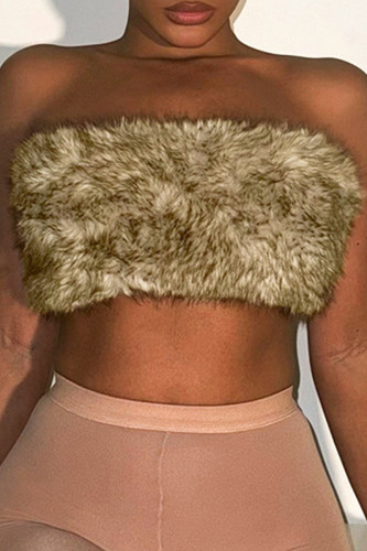Khaki Sexy Patchwork Fluffy Strapless Tops