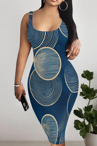 Golden Blue Casual Print Patchwork U Neck Wrapped Skirt Dresses