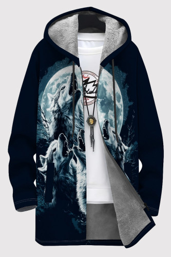 Tibetan Blue Casual Print Pocket Patchwork Zipper Fluffy Hooded Outerwear
