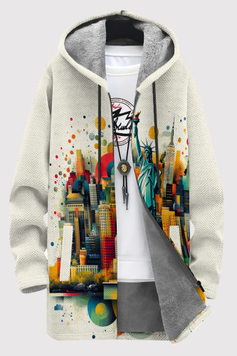 Milky Casual Print Pocket Patchwork Zipper Fluffy Hooded Outerwear