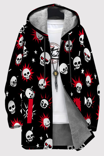 Black Red Casual Print Patchwork Zipper Fluffy Hooded Outerwear