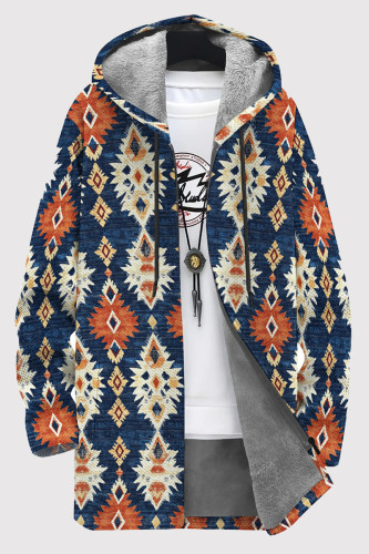 Blue Orange Casual Print Patchwork Zipper Fluffy Hooded Outerwear