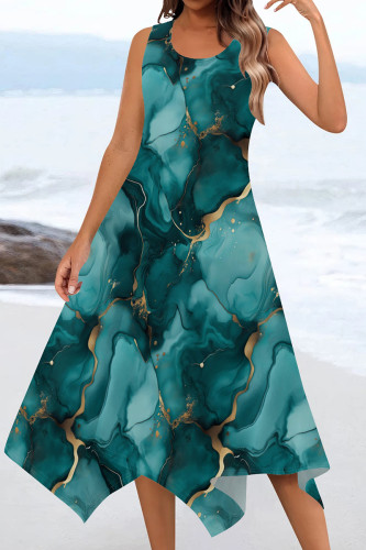 Cyan Casual Print Patchwork U Neck Irregular Dresses