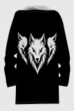 Black And White Casual Print Pocket Patchwork Zipper Fluffy Hooded Outerwear