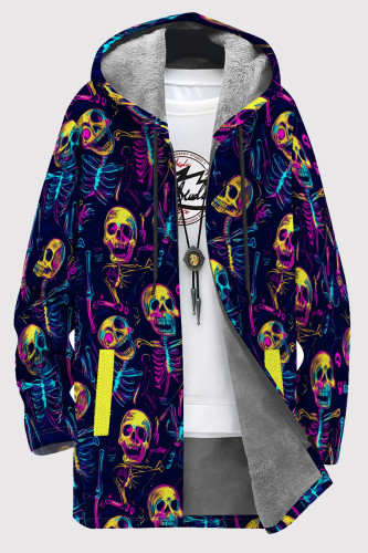 Multicolor Casual Print Patchwork Zipper Fluffy Hooded Outerwear