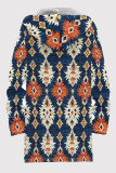 Blue Yellow Casual Print Patchwork Zipper Fluffy Hooded Outerwear