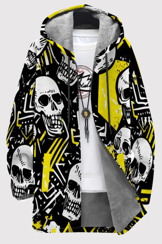 Yellow Black Casual Print Patchwork Zipper Fluffy Hooded Outerwear