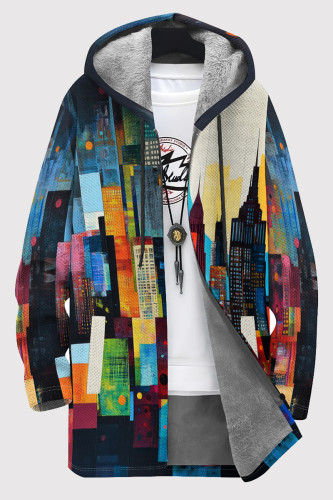 Multicolor Casual Print Pocket Patchwork Zipper Fluffy Hooded Outerwear