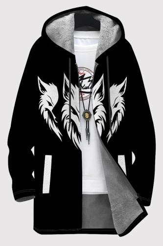 Black And White Casual Print Pocket Patchwork Zipper Fluffy Hooded Outerwear