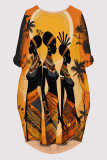 Brick Red Casual Daily Graffiti Print Pocket Contrast O Neck Printed Dresses