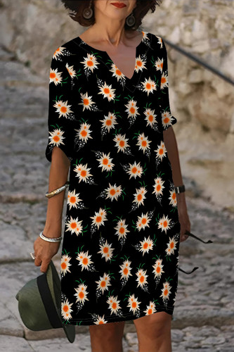 Black Casual Floral Print Contrast V Neck Printed Dresses