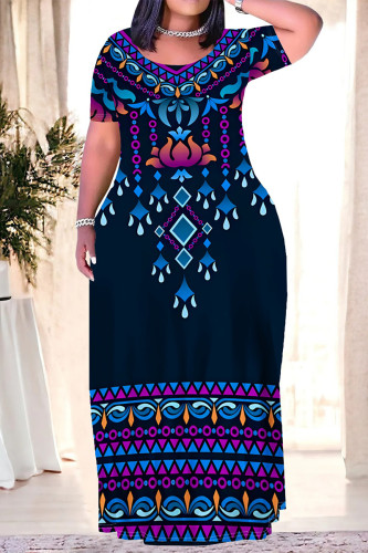 Blue Black Casual Geometric Print Stripe Gradient Pocket Contrast O Neck Printed Plus Size Dresses