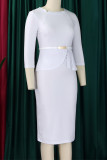 White Elegant Solid Color Patchwork Slit With Belt Asymmetrical Collar Wrapped Skirt Dresses