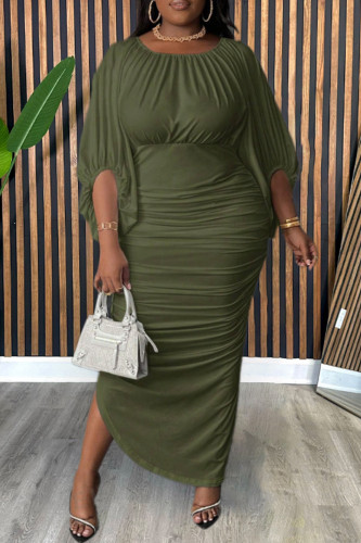 Army Green Casual Solid Color Patchwork Ruched O Neck Long Plus Size Dresses