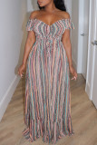 Colour Casual Stripe Patchwork Backless Off Shoulder Long Dresses