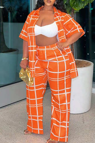 Orange Casual Plaid Buckle Patchwork Turndown Collar Plus Size Two Pieces