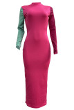 Red Casual Patchwork Contrast O Neck Long Dresses