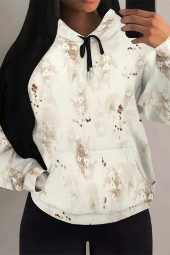 Apricot Casual Daily Floral Print Draw String Pocket Contrast Hooded Tops