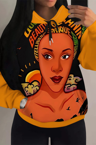 Orange Casual Street Graffiti Print Draw String Pocket Hooded Tops
