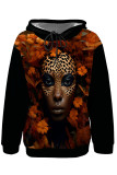Black Casual Street Graffiti Print Draw String Pocket Hooded Tops