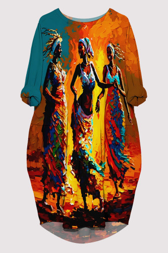 Multicolor Casual Daily Graffiti Print Pocket Contrast O Neck Printed Dresses
