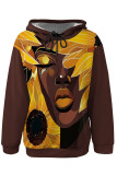Black Casual Street Graffiti Print Draw String Pocket Hooded Tops