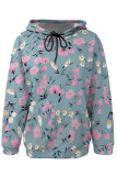 Pink Casual Daily Floral Print Draw String Pocket Contrast Hooded Tops