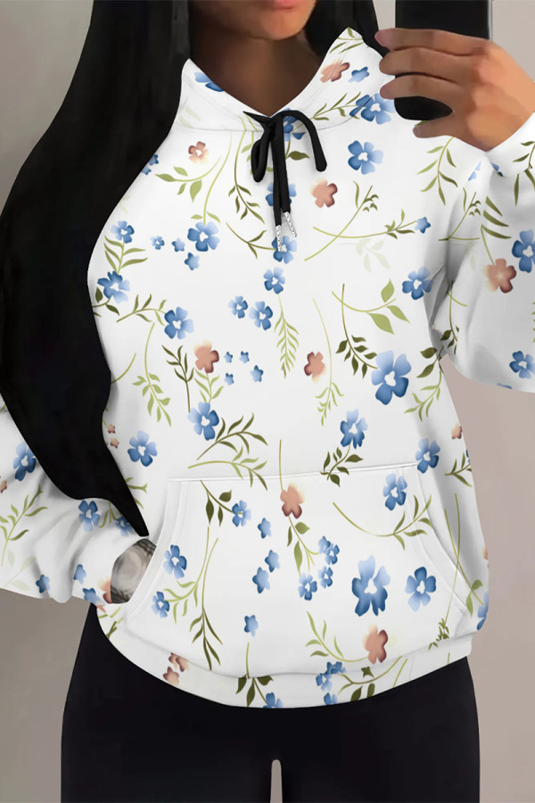 White Blue Casual Daily Floral Print Draw String Pocket Contrast Hooded Tops