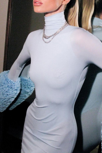 Light Blue Elegant Solid Color Patchwork Turtleneck Long Dresses