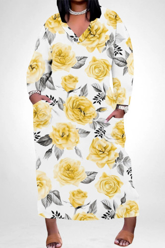 White Yellow Casual Daily Floral Print Pocket Contrast V Neck Printed Plus Size Dresses