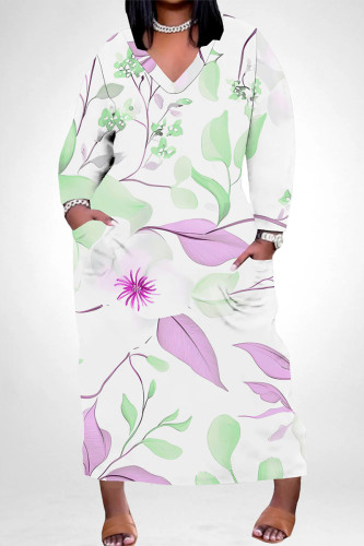Purple Green Elegant Floral Print Pocket Contrast V Neck Printed Plus Size Dresses