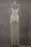 Champagne Sexy Solid Color Fringed Trim Hollow Out Patchwork Spaghetti Strap Sling Dresses