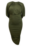 Army Green Casual Solid Color Patchwork Ruched O Neck Long Plus Size Dresses