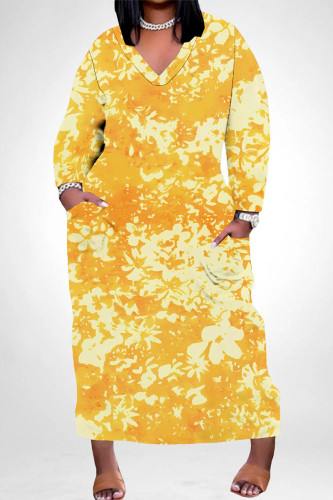 Yellow Casual Daily Floral Print Pocket Contrast V Neck Printed Plus Size Dresses