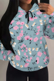 Pink Casual Daily Floral Print Draw String Pocket Contrast Hooded Tops