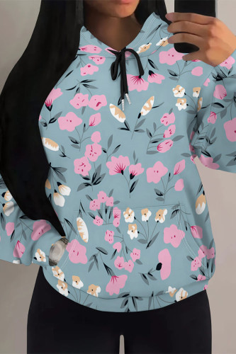 Blue Casual Daily Floral Print Draw String Pocket Contrast Hooded Tops
