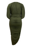 Army Green Casual Solid Color Patchwork Ruched O Neck Long Plus Size Dresses