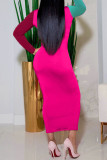 Red Casual Patchwork Contrast O Neck Long Dresses