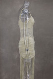 Champagne Sexy Solid Color Fringed Trim Hollow Out Patchwork Spaghetti Strap Sling Dresses